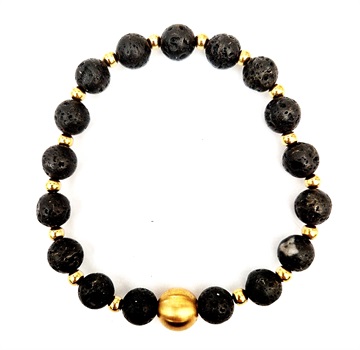 Armbånd - fedt perlearmbånd med sorte lava perler med forgyld mellemled